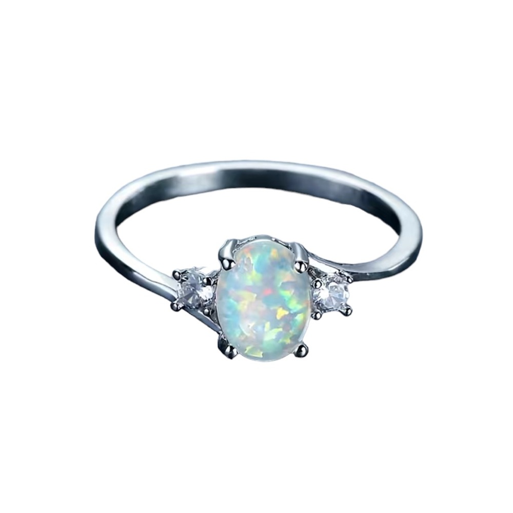 Opal Solitaire Silver Ring With Diamond Rhineston… - image 3